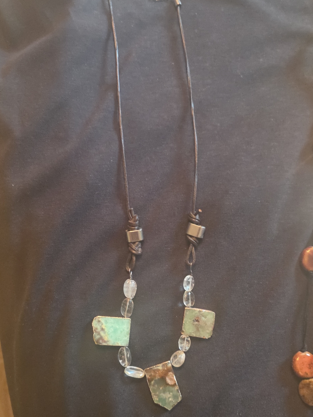 Handcrafted Green Stone Pendant Necklace with Clear Beads